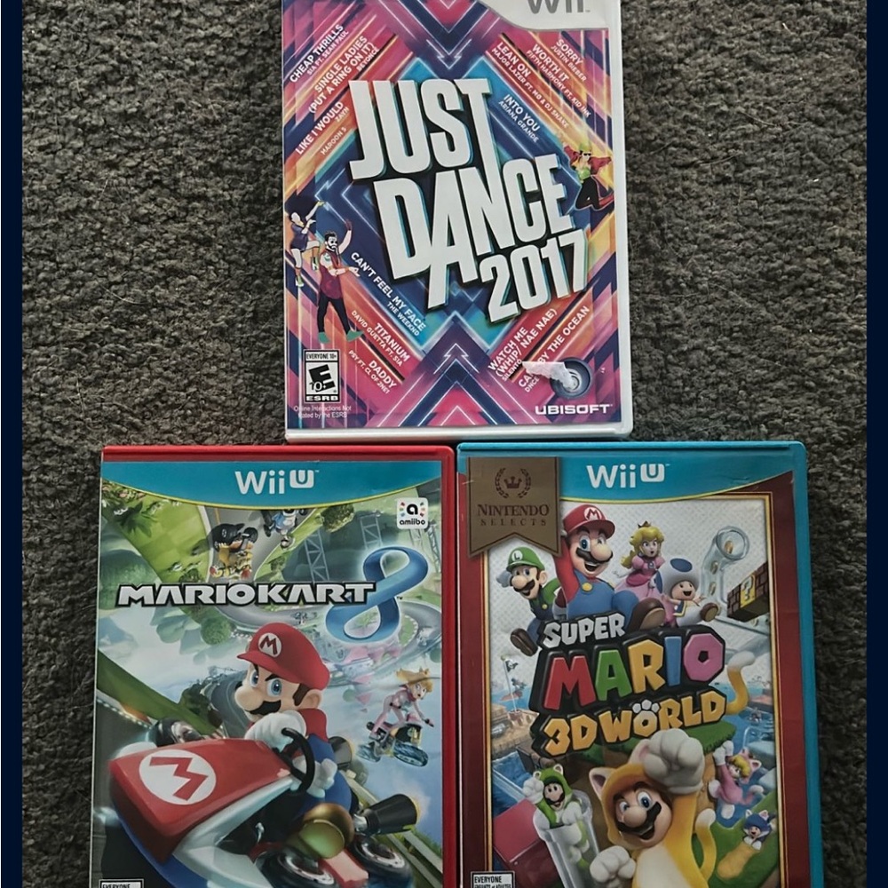 Nintendo Wii U Game Trio - Just Dance 2017, Mario Kart 8, Super Mario 3D World
